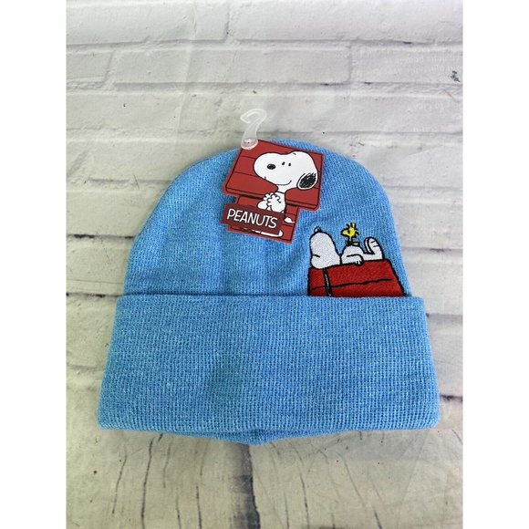 Bioworld Accessories - Peanuts Snoopy and Woodstock Logo Knit Cuffed Blue Beanie Hat Cap Adult OSFM